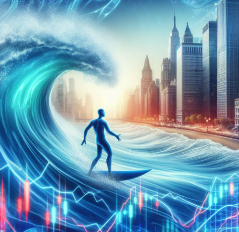 Figure confidently surfing ocean waves with a financial district skyline in the background, representing the stock market's cycle of ups and downs.