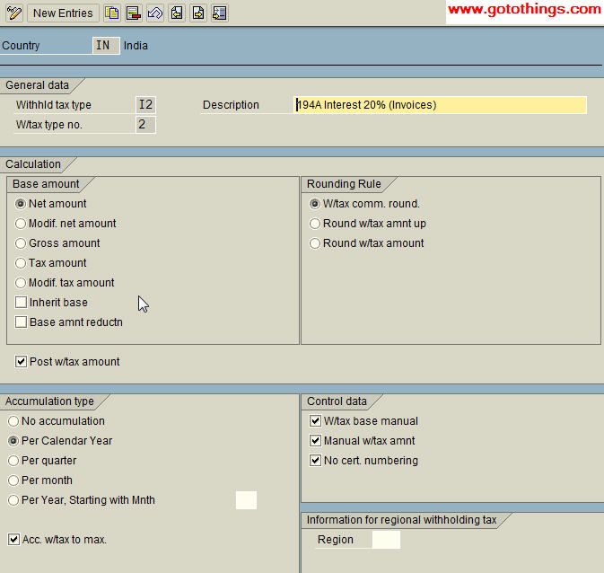 Parameters for Withholding tax type