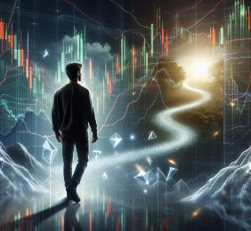 A person stands confidently amidst a swirling stock market graph, symbolizing resilience and growth in navigating financial challenges. Reflective symbols float around them, representing introspection and learning.